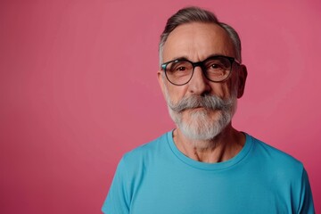 Obraz premium Mature man with trendy glasses and beard smiling happily