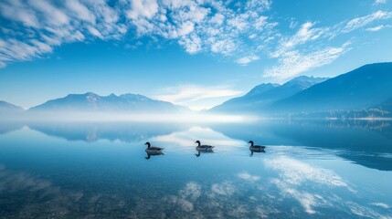 Ducks gracefully glide through the crystalline lake, tracing intricate patterns in the azure sky reflected in the glassy water.