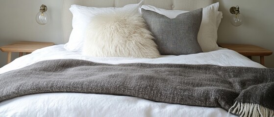 A neatly made bed with pillows and a throw blanket