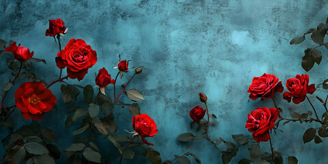 Exquisite rose composition on a tranquil blue backdrop, perfect for romantic celebrations, AI Generated