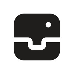 The image shows a minimalist white box icon with a small opening at the bottom against a gray background.