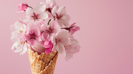 pink floral blossoms in ice cream waffle cone,