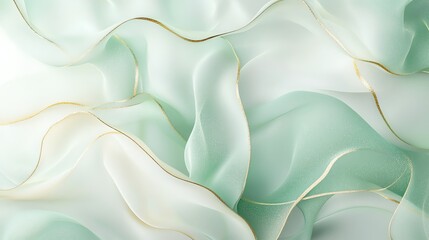 Fototapeta premium Soft green and white flowing fabric with golden edges creating an abstract, ethereal pattern, blending seamlessly for a serene design element.