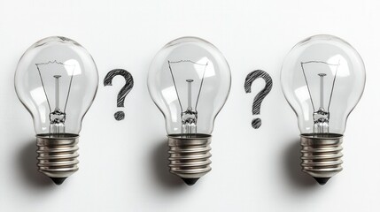 A Creative Illustration Featuring Three Light Bulbs with Question Marks on a Clean Background, Representing Ideas, Innovation, and Problem Solving in a Modern Context