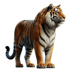 Obraz premium Tiger isolated on a white background, Side view, tiger standing full HD image generated by Ai. full body, realistic, full detail looking at the camera.