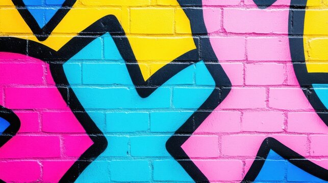 Vibrant urban wall adorned with bold punk graffiti featuring neon pink, electric blue, and black stencils in an underground style