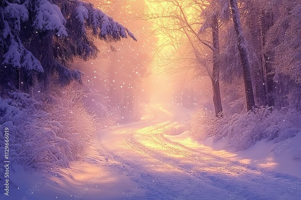 Poster winter pathway illuminated by soft sunlight through trees in a snowy landscape at dawn. generative a