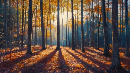 Obraz premium Golden leaves carpet the sun-dappled forest path, a vibrant autumn tapestry