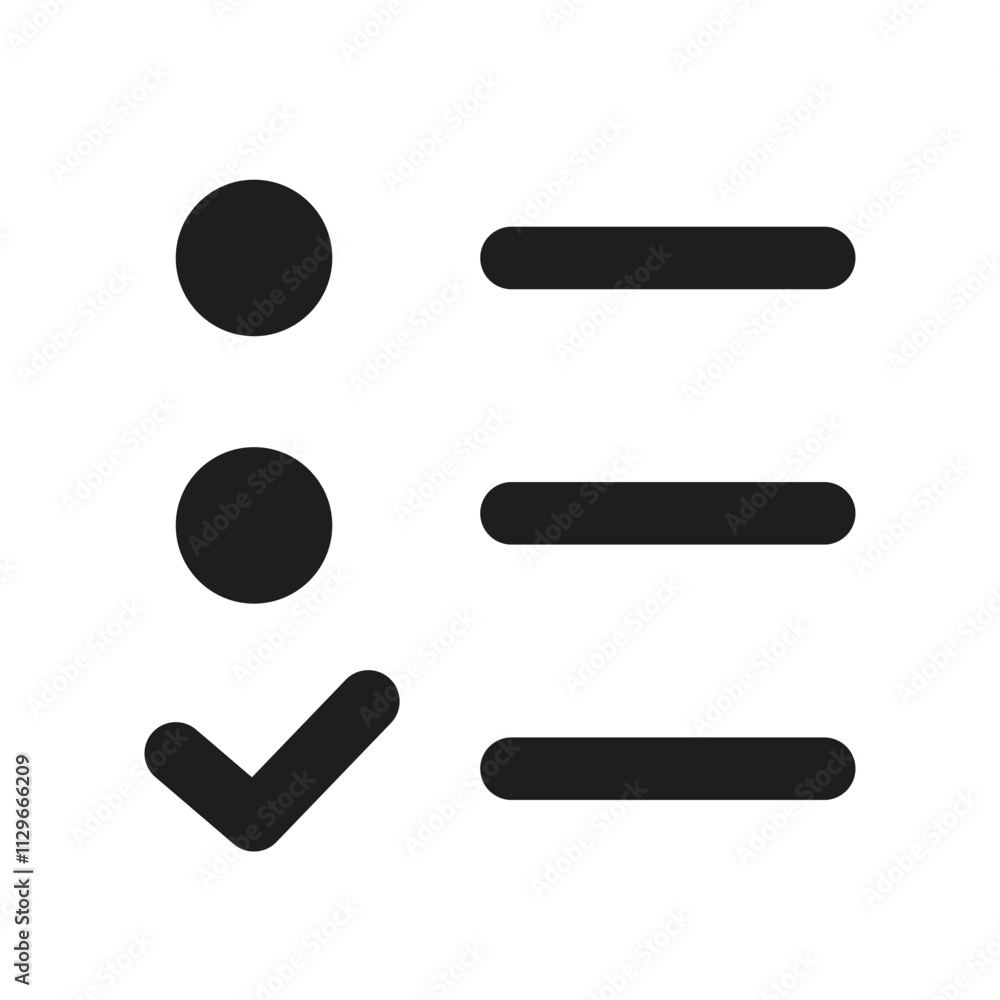 Poster a simple white checklist icon featuring three bullet points and lines against a dark gray background