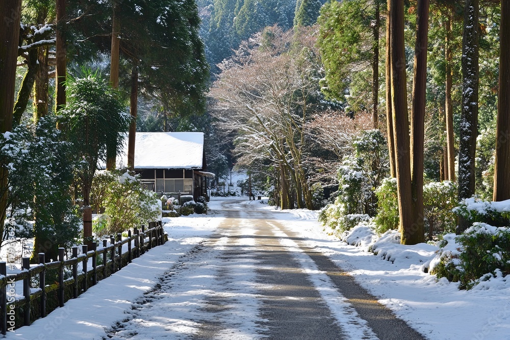 Poster snow-covered pathway winds through a tranquil forest setting during winter in japan. generative ai