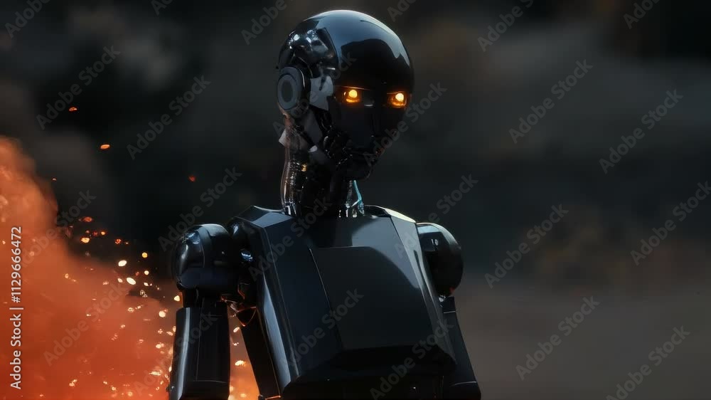 Poster a dark robot stands stoically amidst flying debris and fire, creating a dramatic and futuristic scen