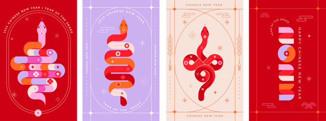 Chinese new year 2025 year of the Snake. Red Snake illustrations, vertical design, cards, banners. Traditional Chinese vector designs with snakes. Lunar new year concept, geometric modern design