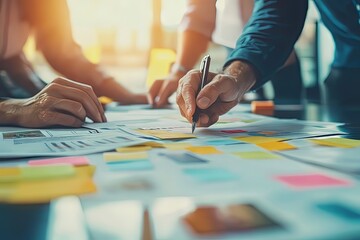 Fototapeta premium Team collaborates on project planning with sticky notes and documents during a brainstorming session in a modern workspace. Generative AI