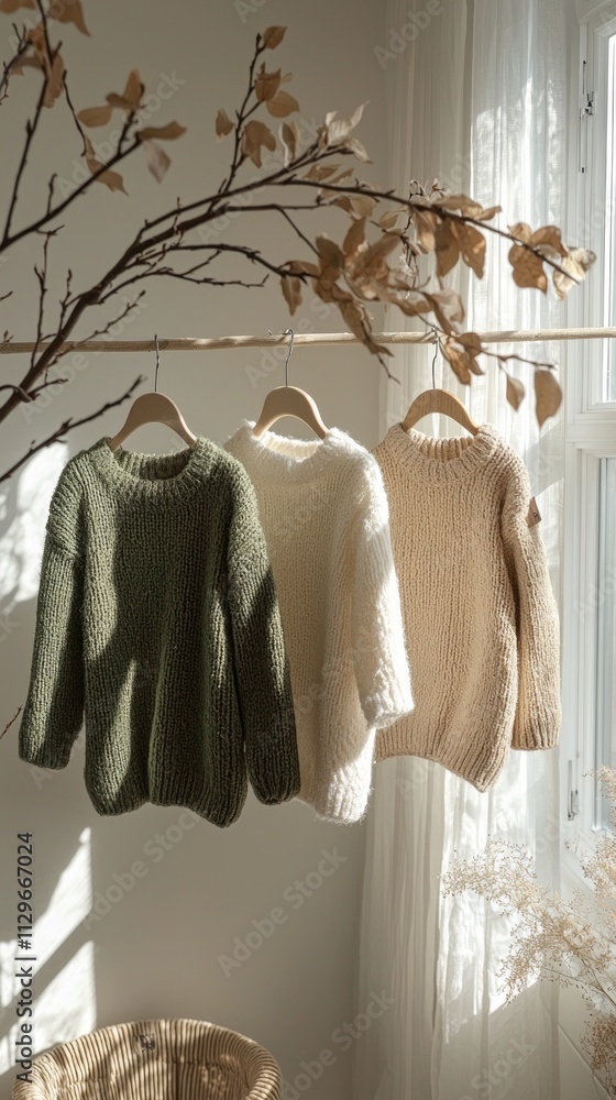 Poster Soft hues and textures of three sweaters create a soothing atmosphere in a minimalist space. Gentle sunlight filters through, enhancing the warmth of the scene