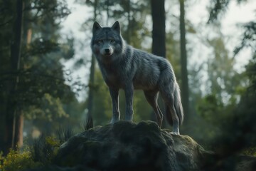 Fototapeta premium Gray wolf standing proudly on a rocky outcrop in a lush forest, exuding an aura of power and majesty amidst the wilderness