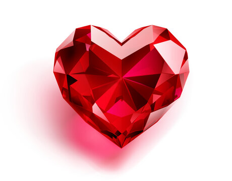 A vivid red gemstone meticulously cut into a heart shape, showcasing brilliant facets and a radiant glow. With soft shadow on white background.