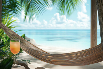 Obraz premium Refreshing cocktail placed on a table with a hammock hanging nearby on a beautiful tropical beach