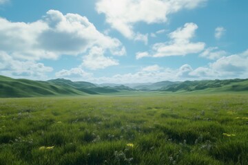 Fototapeta premium Lush green grass field with wildflowers blooming under a blue sky dotted with white clouds, creating a serene and idyllic natural landscape