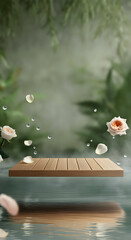 Floral Product Background with Wooden Piece for Photography and Branding