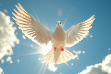 Obraz premium Dove soaring with wings open against blue sky