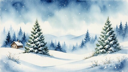 Obraz premium Winter wonderland with snow-covered trees and a cozy cabin