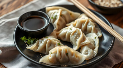 close up of a plate of gyoza or dumplings with soy sauce on a black plate