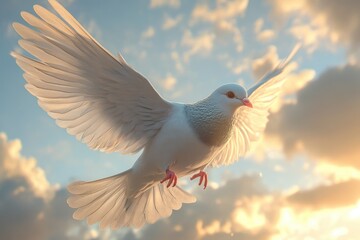 Fototapeta premium Dove soaring with wings open in the sky.