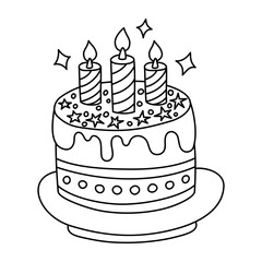 Birthday Cake Outline with Candles. Black and white illustration for coloring book. Birthday cake with striped candles, dripping icing, and decorative stars on a plate.