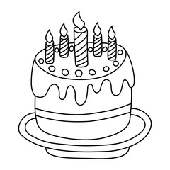 Birthday cake with five lit candles on a plate. Black and white line art illustration for coloring book. Birthday celebration and party concept. Design for greeting card, invitation, and poster.