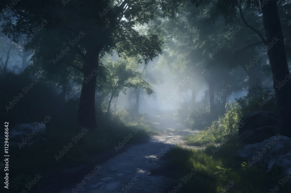 Poster sunbeams are filtering through a misty forest pathway, creating a mysterious and enchanting atmosphe