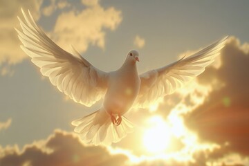 Fototapeta premium Dove soaring with wings open in front of sun