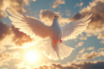 Obraz premium Dove soaring with wings open in front of sun