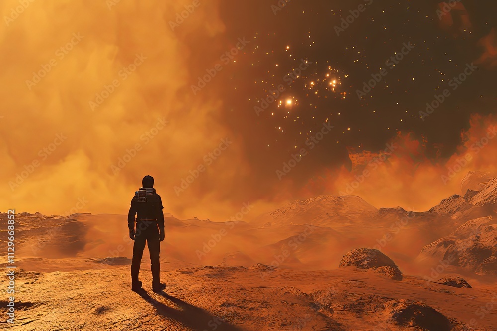 Poster exploring an alien landscape under a starry sky with glowing celestial bodies in the background. gen
