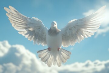 Obraz premium Dove soaring with wings open in the sky.