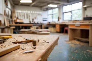 A woodworking shop with tools and shavings scattered around.