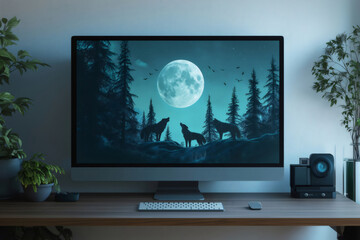 Fototapeta premium Modern home office setup featuring a computer monitor displaying wolves howling at the full moon, creating a serene and inspiring workspace