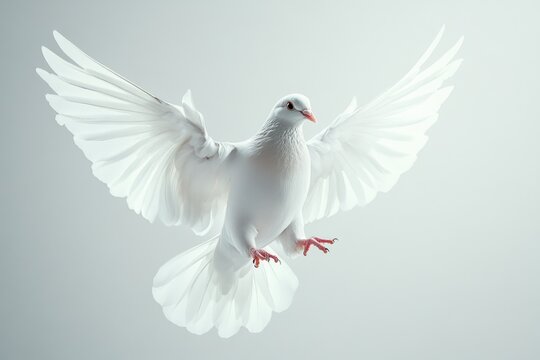 Dove flying with open wings on white background.