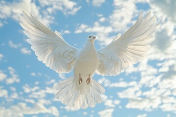 White pigeon soaring in blue sky with wings open