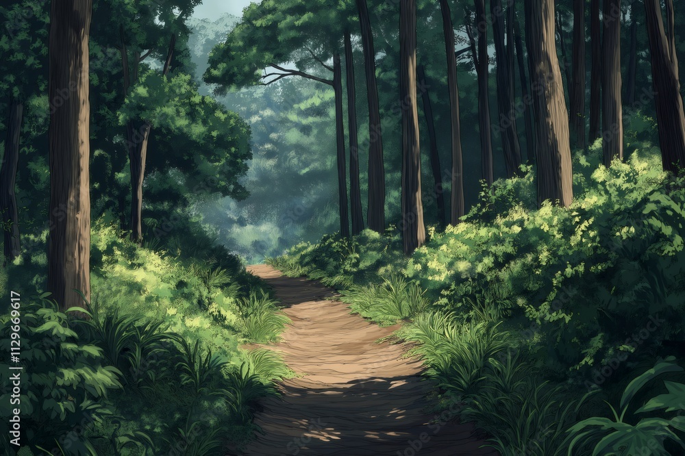 Poster sunlight filters through the canopy, illuminating a tranquil path inviting exploration amidst the se