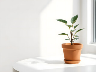 Obraz premium life of a potted plant in a clay pot on a white table under soft natural light