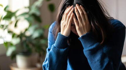 A young woman of Asian descent looks distressed, holding her head in her hands amid a cozy indoor setting.