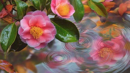 Vibrant Japanese Camellia sasanqua flowers floating in rippling water, surrounded by green leaves, reflecting colorful light patterns, creating a serene and artistic natural scene.