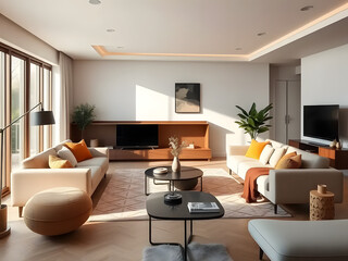modern living room with a Scandinavian design, soft natural lighting
