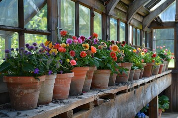 Fototapeta premium Blooms in DIY strawberry pots in greenhouse