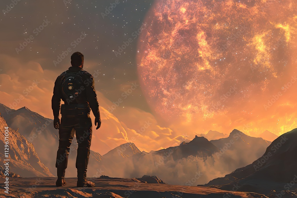 Poster astronaut gazes at a massive celestial body illuminating an alien landscape during twilight hours. g