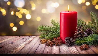 Christmas background - First Advent Sunday - Red Advent candle with natural Xmas decoration, branches and pine cones on rustic wood with magic lights