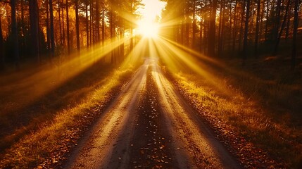 Lonely road fading into thick mist with sunlight streaming beyond, visualizing hidden rewards after overcoming uncertainty, foggy road with sunlight, hidden success concept