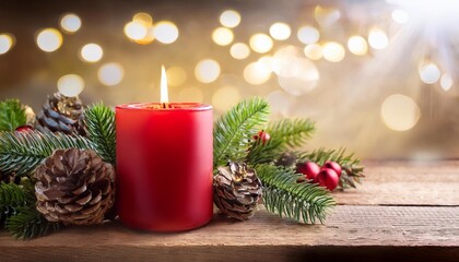 Christmas background - First Advent Sunday - Red Advent candle with natural Xmas decoration, branches and pine cones on rustic wood with magic lights