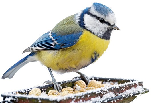 blue tit on peanut garden feeder isolated over white background