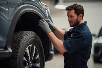 A professional mechanic in dark blue overalls is inspecting the tires of an SUV with a gray color, which stands on display at a car service center.